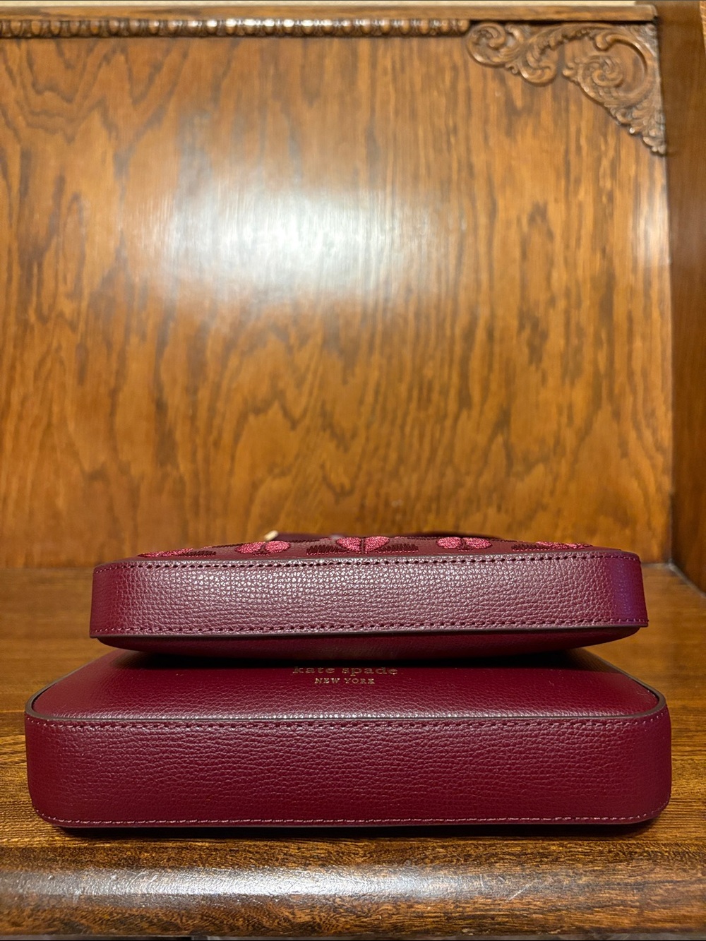 NWT-Kate Spade-Duet Small Crossbody-Spade Flower ♠️ Embroidered-Dark Merlot-$379 - Picture 7 of 14